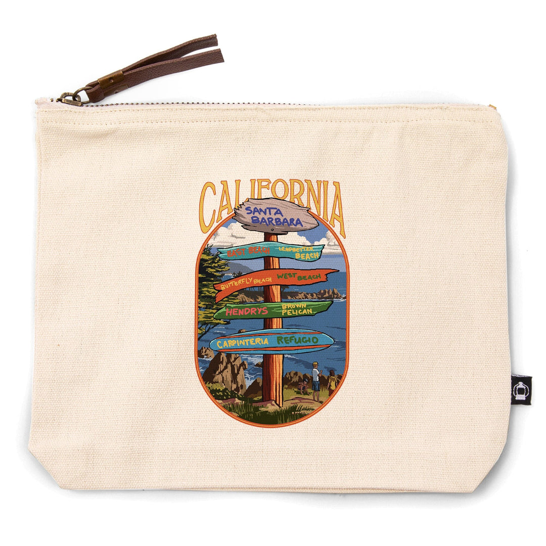 Santa Barbara, California, Destination Signpost,, Organic Cotton Zipper Pouch, Go Bag Go Bag Lantern Press 