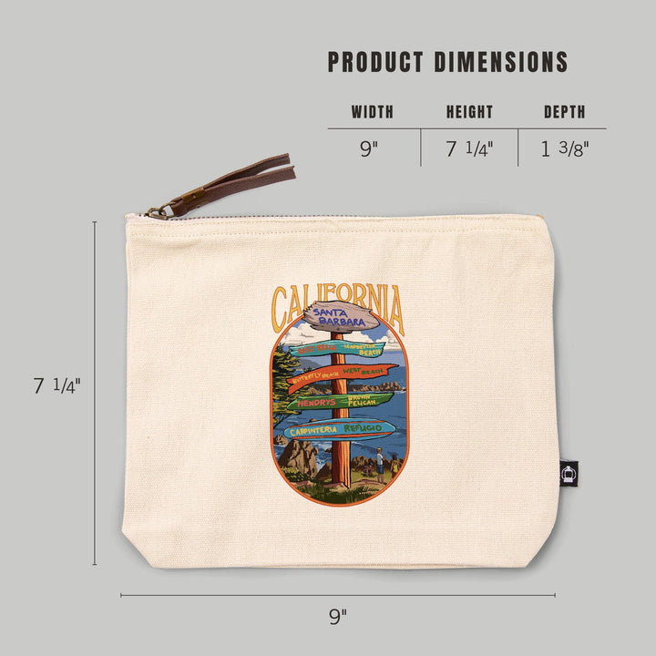 Santa Barbara, California, Destination Signpost,, Organic Cotton Zipper Pouch, Go Bag Go Bag Lantern Press 