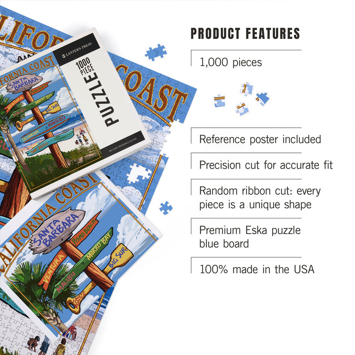 Santa Barbara, California, Destinations Sign, Jigsaw Puzzle Puzzle Lantern Press 