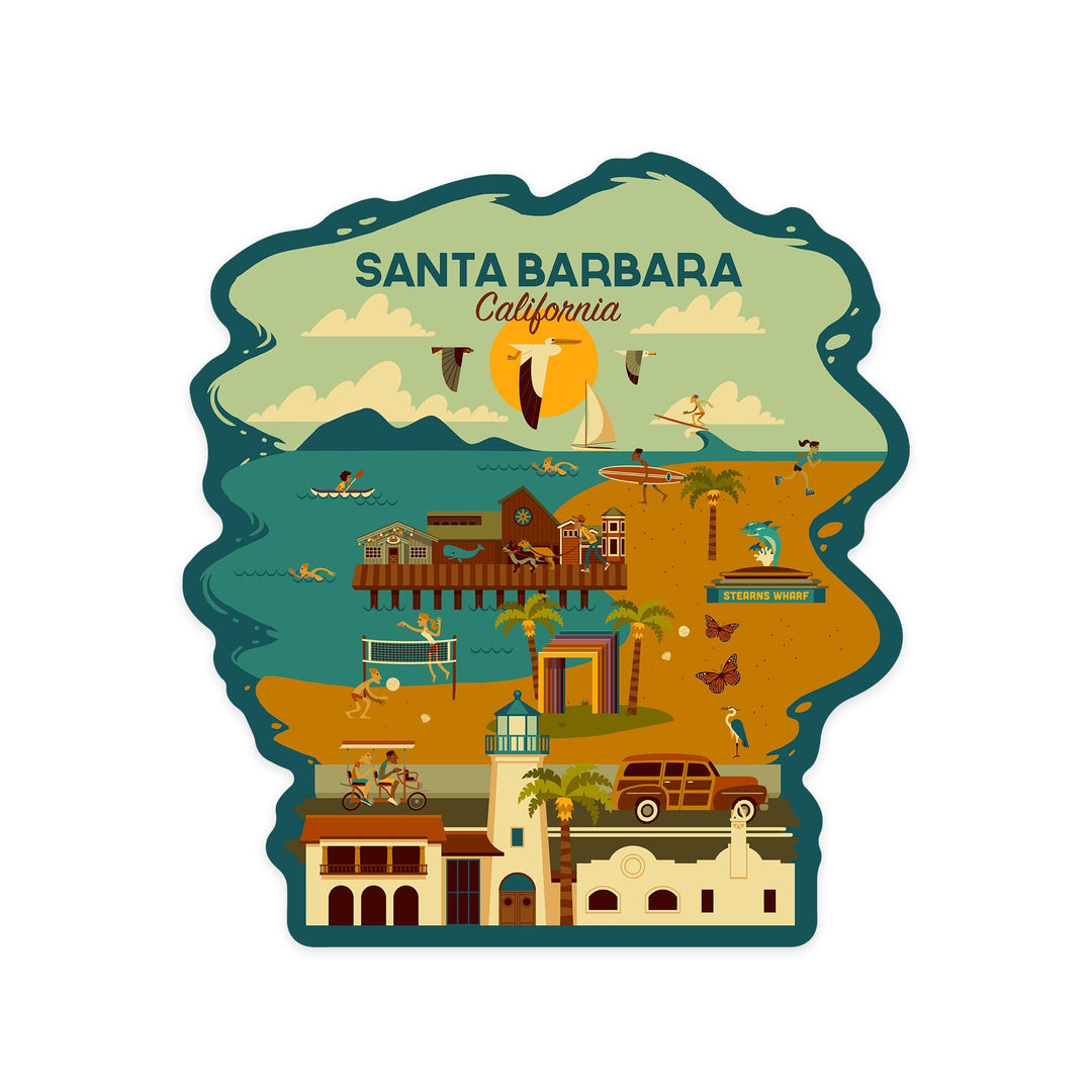 Santa Barbara, California, Geometric, Contour, Vinyl Sticker Sticker Lantern Press 