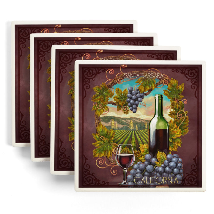 Santa Barbara, California, Merlot, Lantern Press Poster, Coaster Set Coasters Lantern Press 