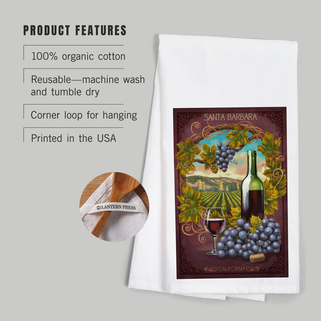 Santa Barbara, California, Merlot, Organic Cotton Kitchen Tea Towels Kitchen Lantern Press 