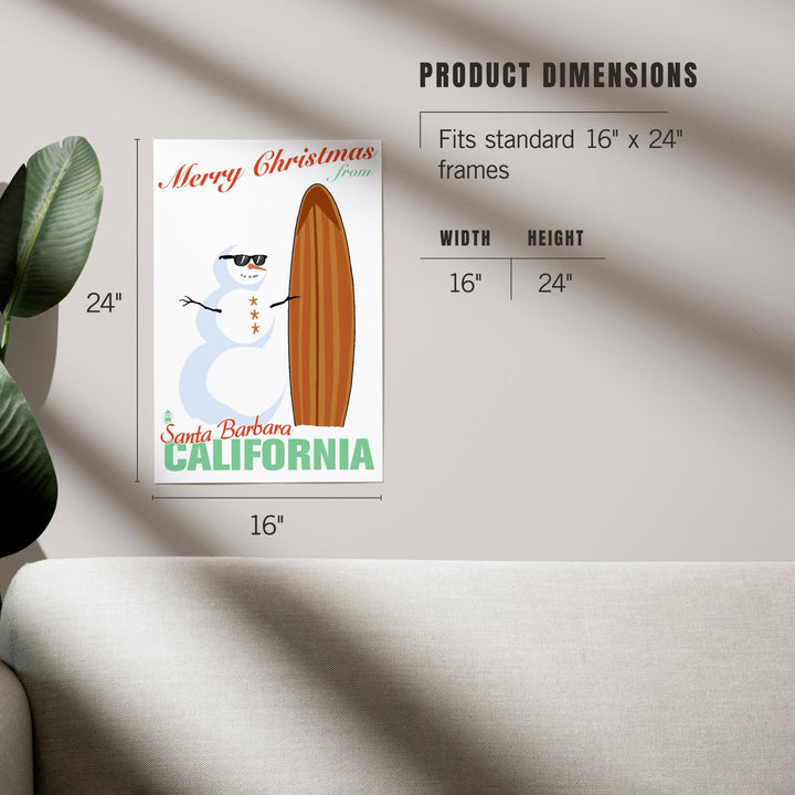 Santa Barbara, California, Merry Christmas from California, Snowman and Surfboard, Art & Giclee Prints Art Lantern Press 