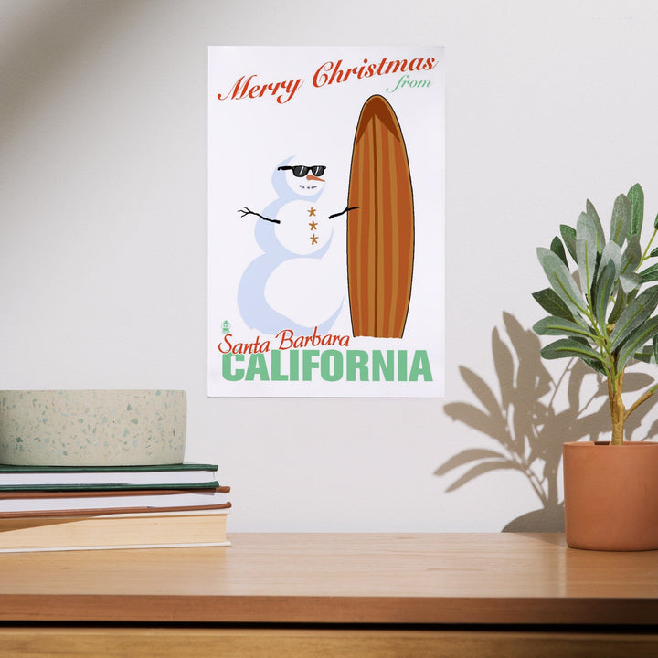 Santa Barbara, California, Merry Christmas from California, Snowman and Surfboard, Art & Giclee Prints Art Lantern Press 