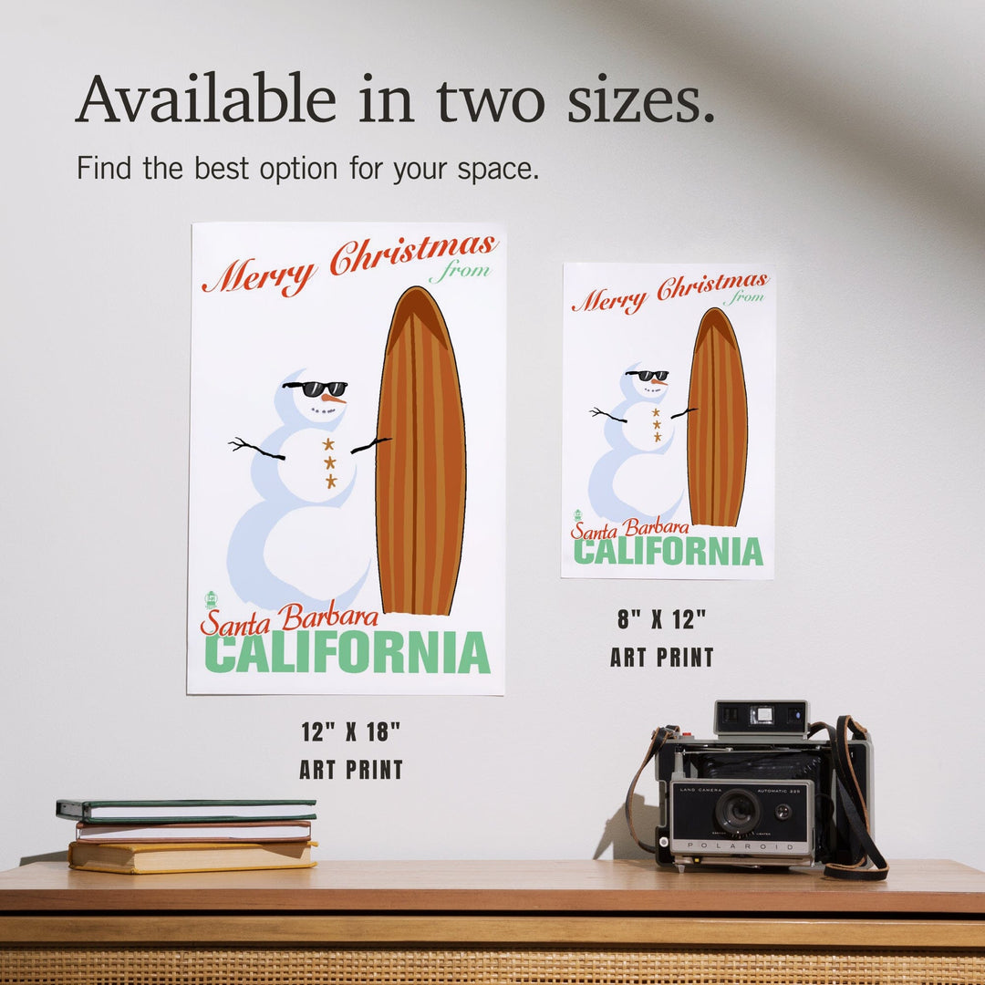 Santa Barbara, California, Merry Christmas from California, Snowman and Surfboard, Art & Giclee Prints Art Lantern Press 