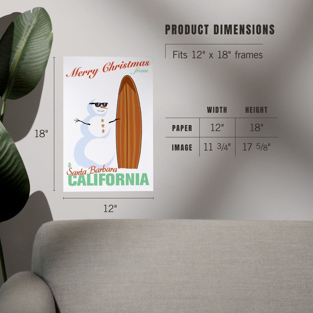 Santa Barbara, California, Merry Christmas from California, Snowman and Surfboard, Art & Giclee Prints Art Lantern Press 