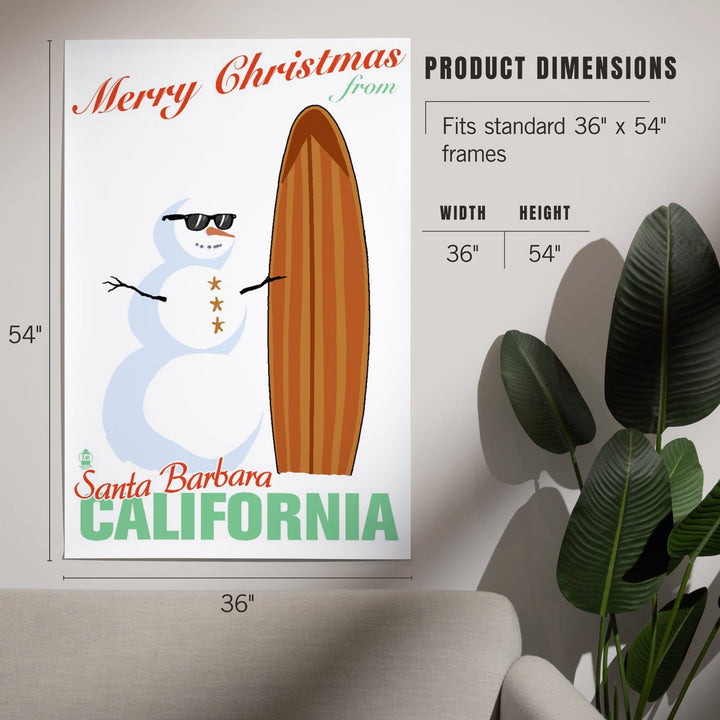 Santa Barbara, California, Merry Christmas from California, Snowman and Surfboard, Art & Giclee Prints Art Lantern Press 