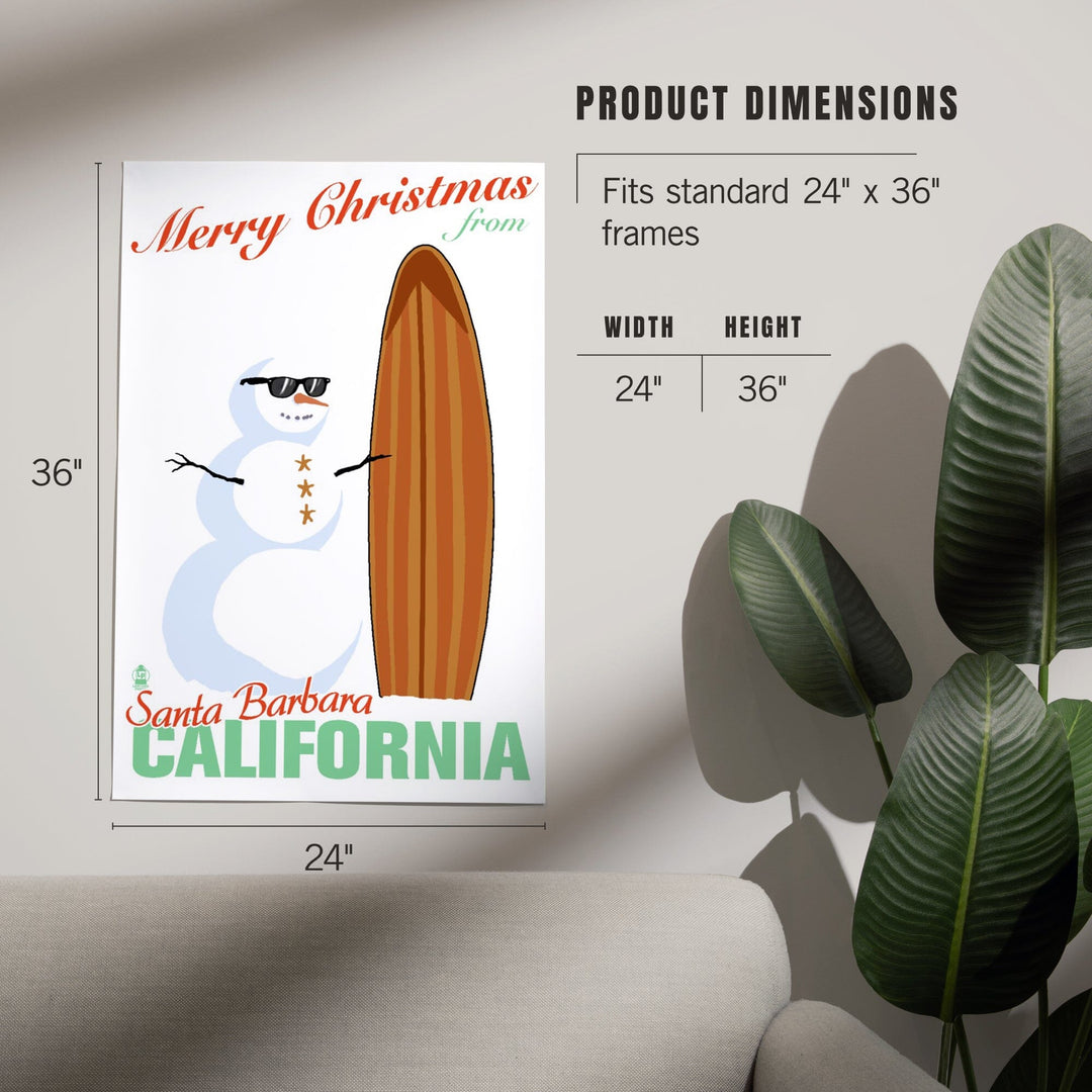 Santa Barbara, California, Merry Christmas from California, Snowman and Surfboard, Art & Giclee Prints Art Lantern Press 