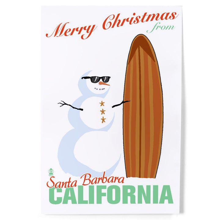 Santa Barbara, California, Merry Christmas from California, Snowman and Surfboard, Art & Giclee Prints Art Lantern Press 