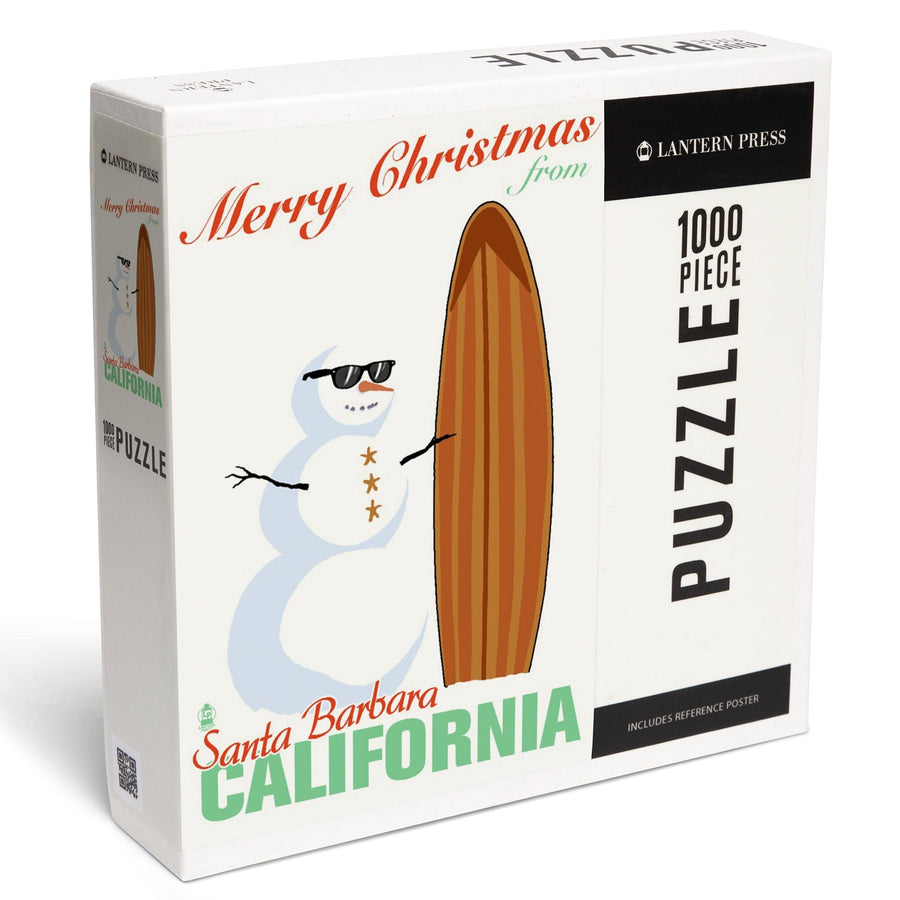 Santa Barbara, California, Merry Christmas from California, Snowman and Surfboard, Jigsaw Puzzle Puzzle Lantern Press 