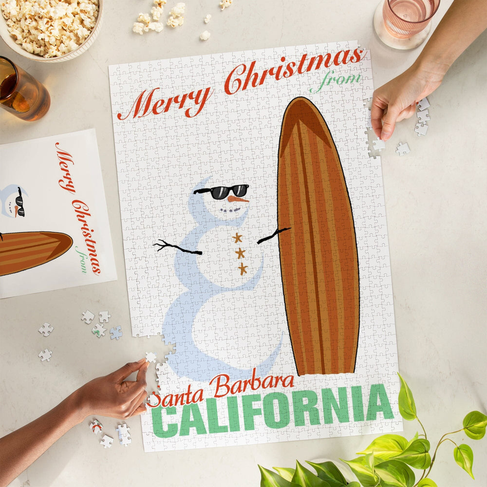 Santa Barbara, California, Merry Christmas from California, Snowman and Surfboard, Jigsaw Puzzle Puzzle Lantern Press 