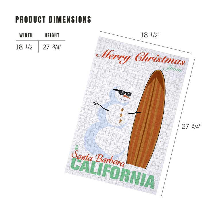 Santa Barbara, California, Merry Christmas from California, Snowman and Surfboard, Jigsaw Puzzle Puzzle Lantern Press 