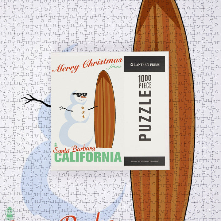 Santa Barbara, California, Merry Christmas from California, Snowman and Surfboard, Jigsaw Puzzle Puzzle Lantern Press 