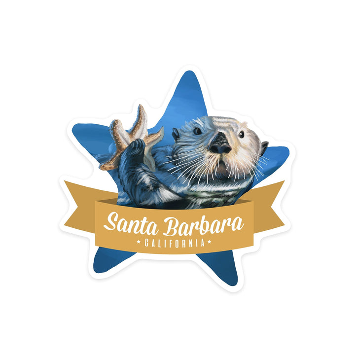 Santa Barbara, California, Otter with Starfish, Contour, Vinyl Sticker Sticker Lantern Press 