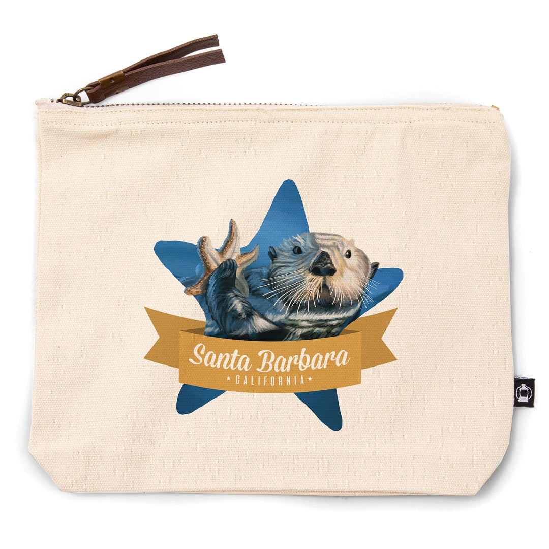 Santa Barbara, California, Otter with Starfish,, Organic Cotton Zipper Pouch, Go Bag Go Bag Lantern Press 