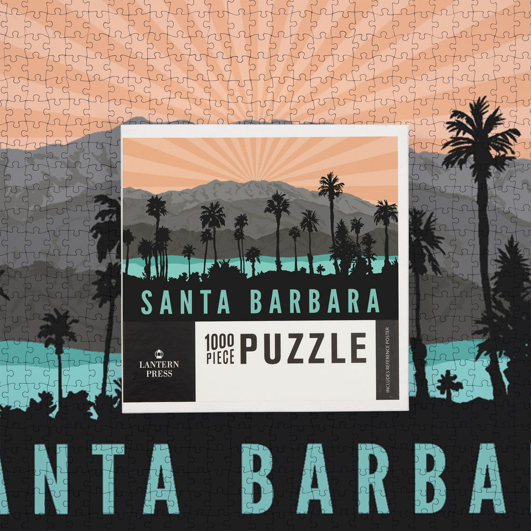 Santa Barbara, California, Palm Trees and Mountains, Jigsaw Puzzle Puzzle Lantern Press 