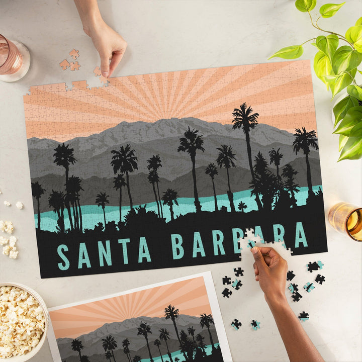 Santa Barbara, California, Palm Trees and Mountains, Jigsaw Puzzle Puzzle Lantern Press 