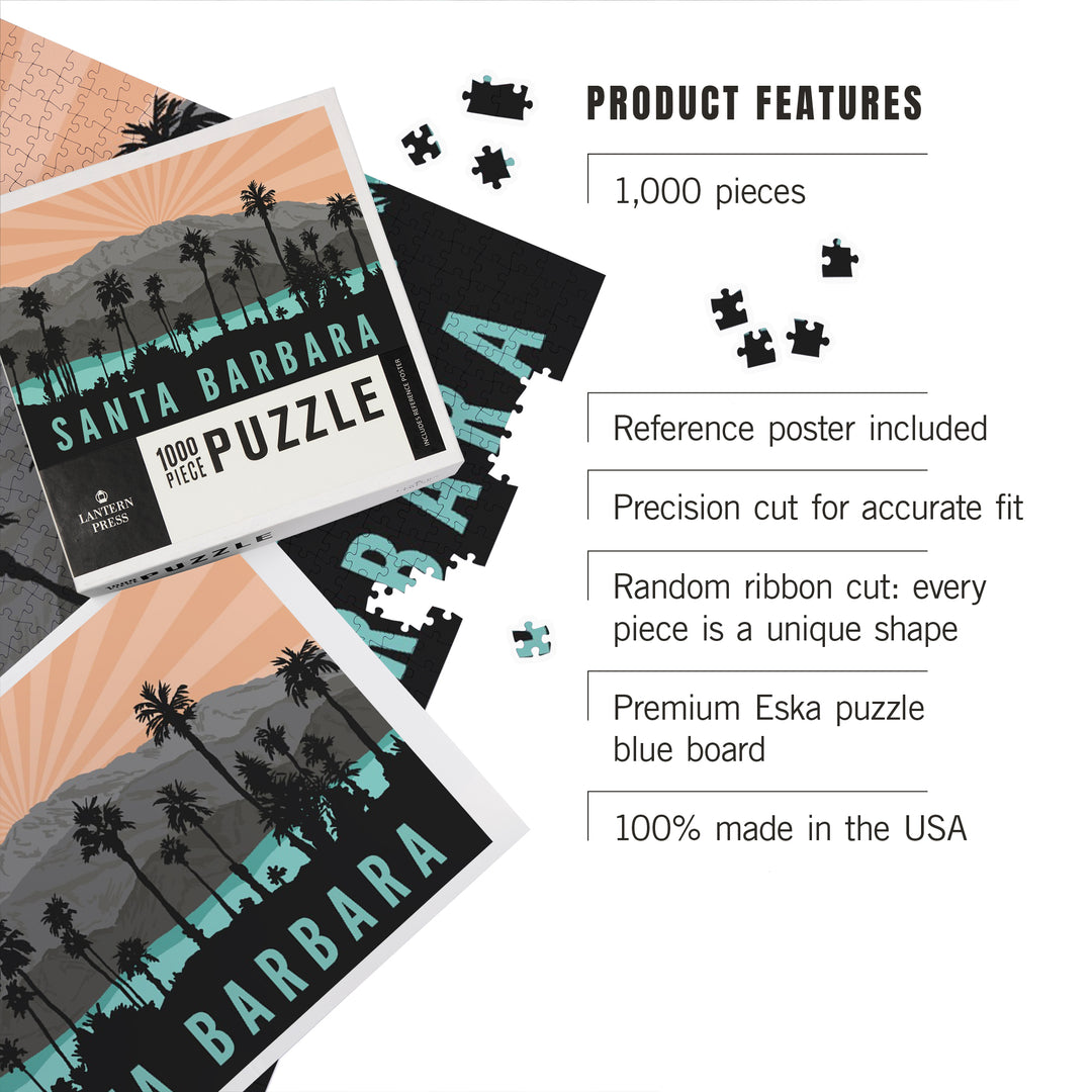 Santa Barbara, California, Palm Trees and Mountains, Jigsaw Puzzle Puzzle Lantern Press 