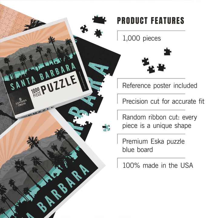 Santa Barbara, California, Palm Trees and Mountains, Jigsaw Puzzle Puzzle Lantern Press 