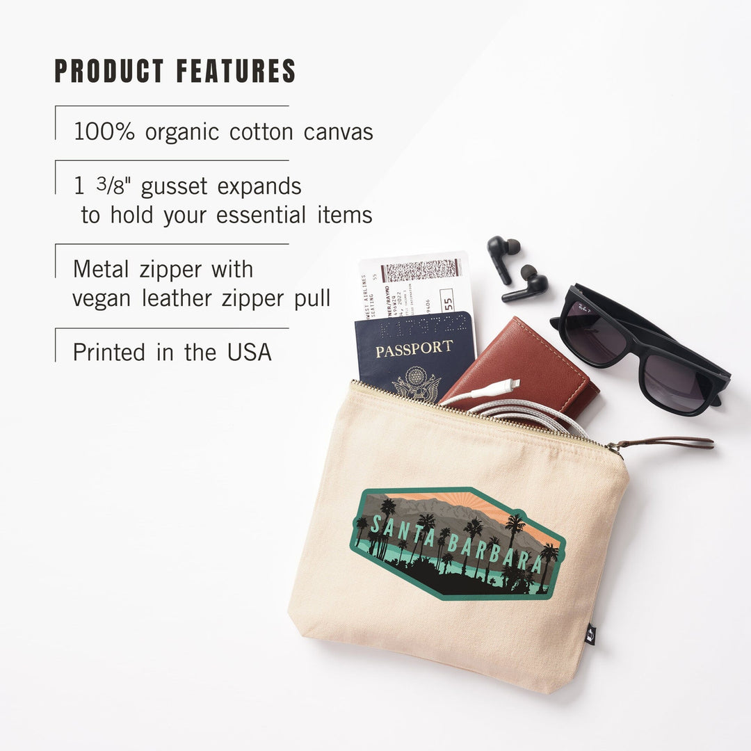 Santa Barbara, California, Palm Trees and Mountains,, Organic Cotton Zipper Pouch, Go Bag Go Bag Lantern Press 