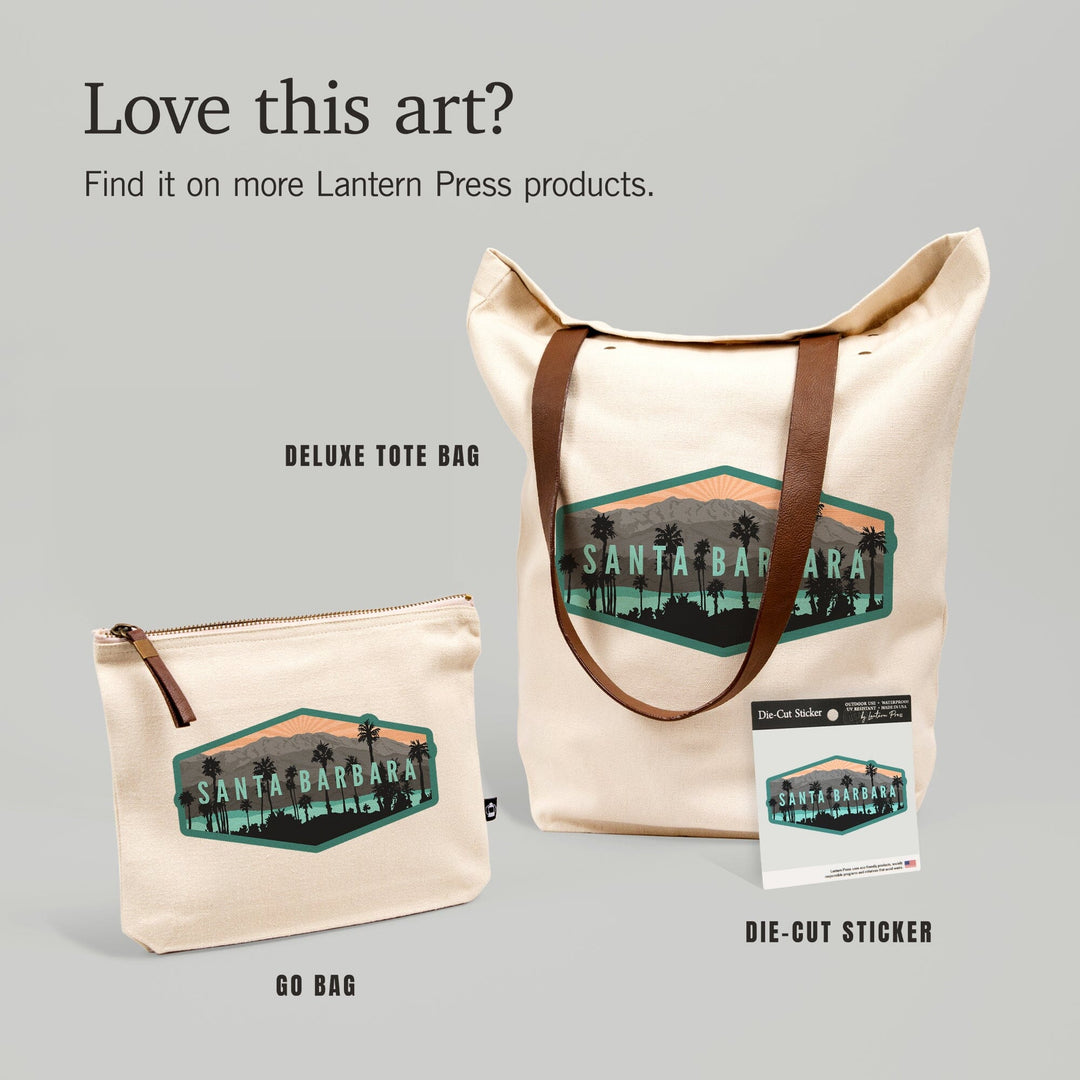 Santa Barbara, California, Palm Trees and Mountains,, Organic Cotton Zipper Pouch, Go Bag Go Bag Lantern Press 