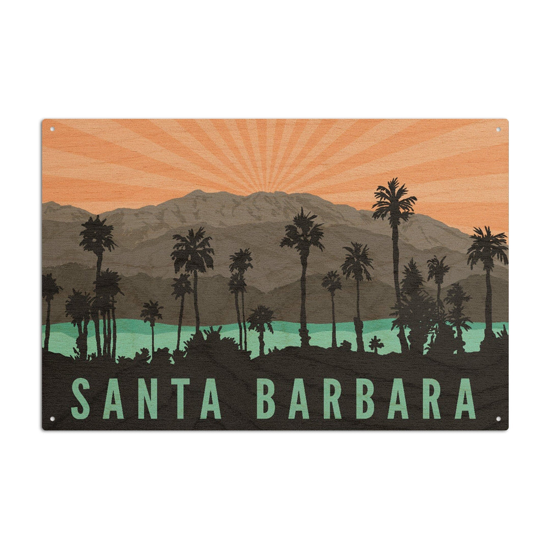 Santa Barbara, California, Palm Trees & Mountains, Lantern Press Artwork, Wood Signs and Postcards Wood Lantern Press 10 x 15 Wood Sign 