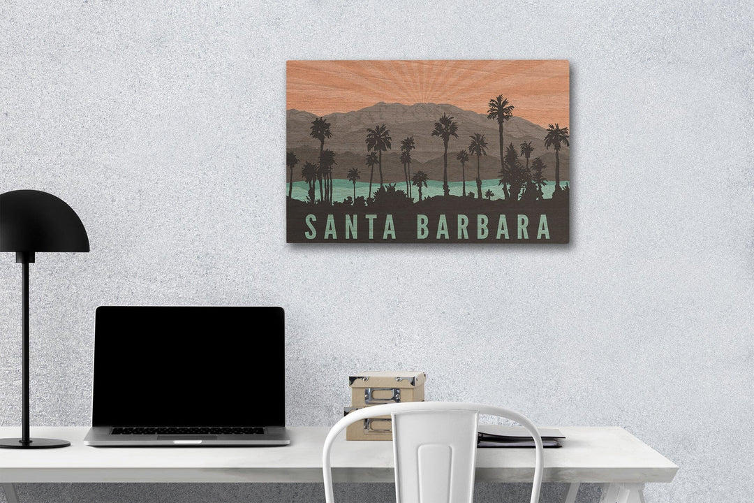 Santa Barbara, California, Palm Trees & Mountains, Lantern Press Artwork, Wood Signs and Postcards Wood Lantern Press 12 x 18 Wood Gallery Print 