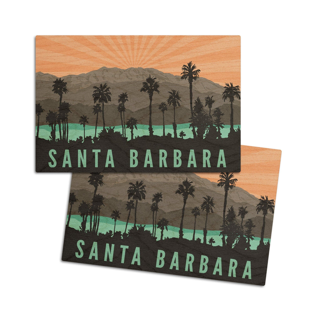 Santa Barbara, California, Palm Trees & Mountains, Lantern Press Artwork, Wood Signs and Postcards Wood Lantern Press 4x6 Wood Postcard Set 