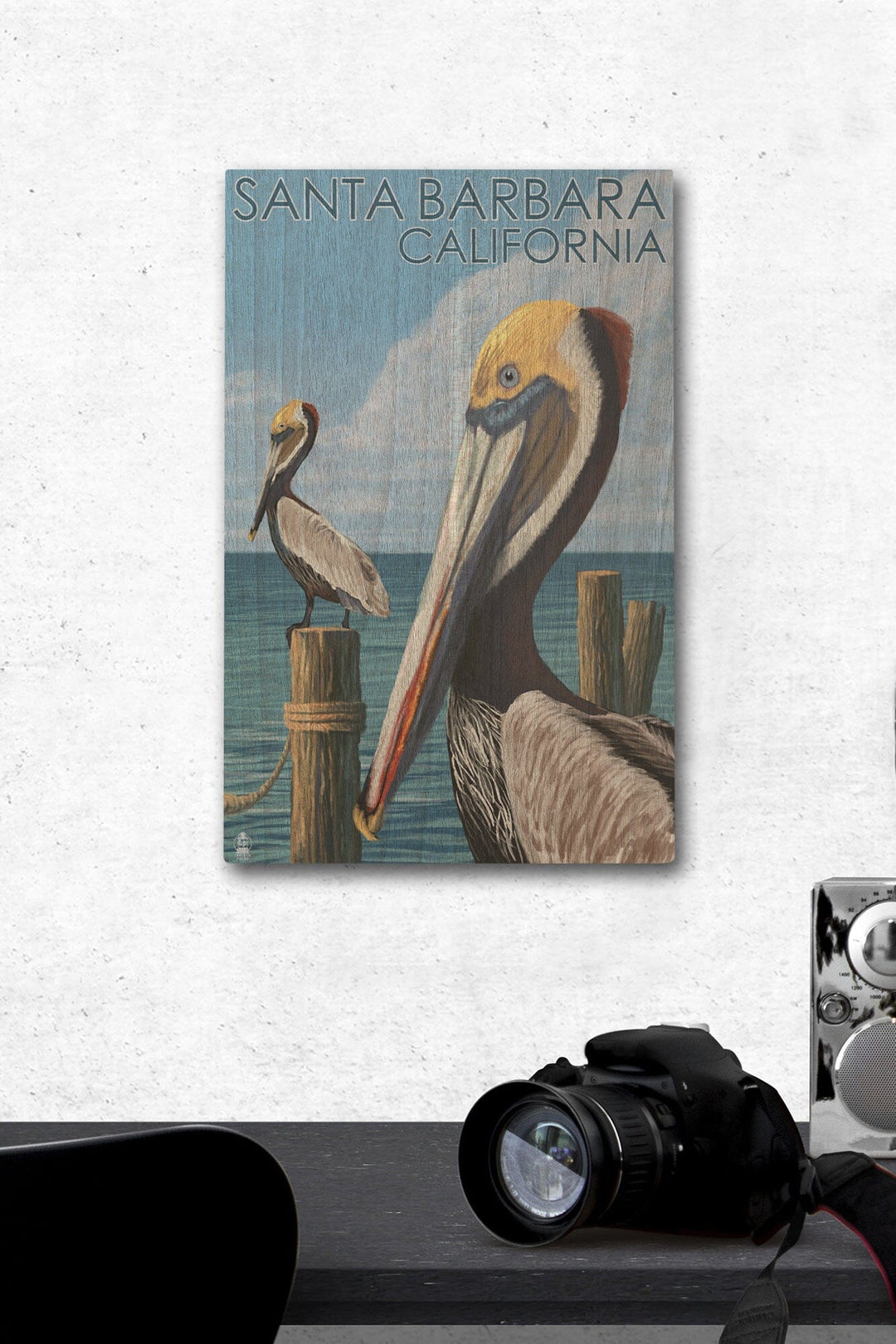 Santa Barbara, California, Pelican, Lantern Press Artwork, Wood Signs and Postcards Wood Lantern Press 12 x 18 Wood Gallery Print 