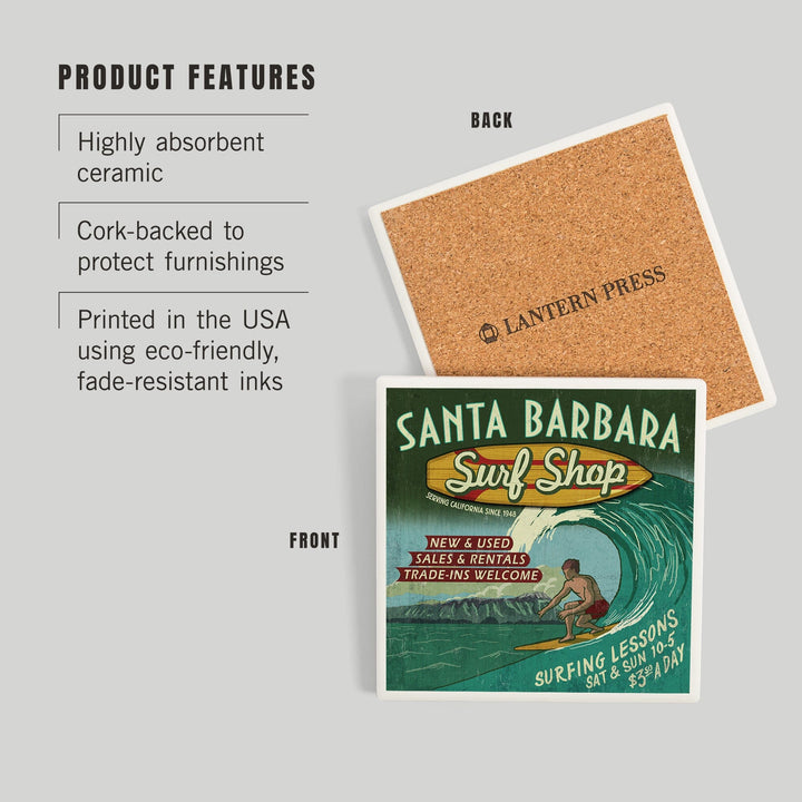 Santa Barbara, California, Surf Shop Vintage Sign, Coasters Coasters Lantern Press 