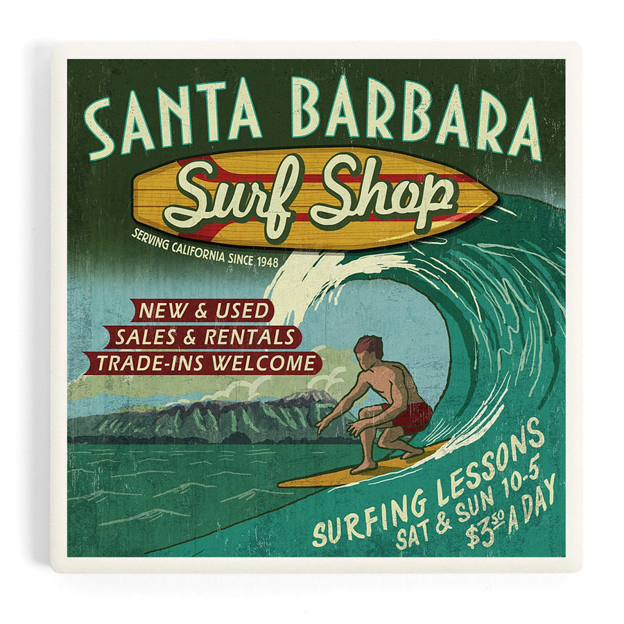 Santa Barbara, California, Surf Shop Vintage Sign, Coasters Coasters Lantern Press 