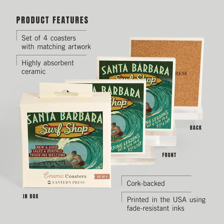 Santa Barbara, California, Surf Shop Vintage Sign, Coasters Coasters Lantern Press 