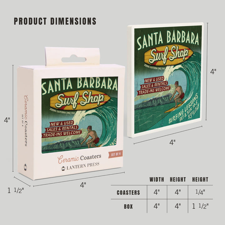 Santa Barbara, California, Surf Shop Vintage Sign, Coasters Coasters Lantern Press 