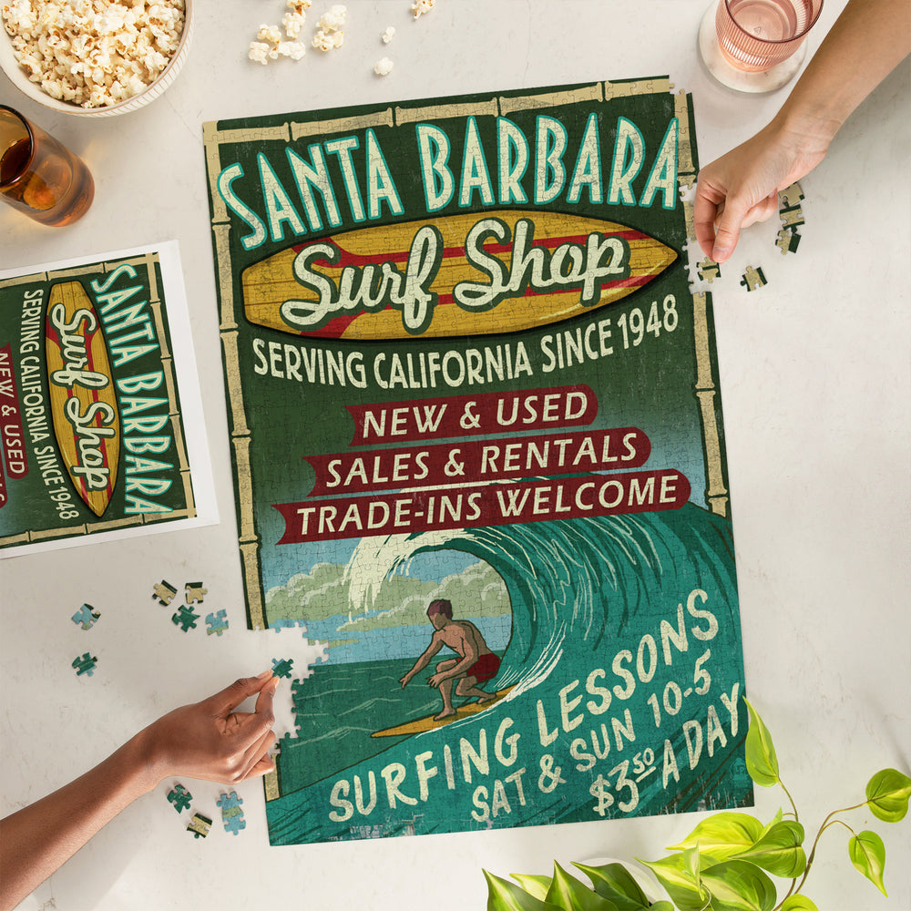 Santa Barbara, California, Surf Shop Vintage Sign, Jigsaw Puzzle Puzzle Lantern Press 