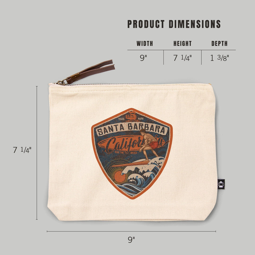 Santa Barbara, California, Surfer Scene,, Organic Cotton Zipper Pouch, Go Bag Go Bag Lantern Press 