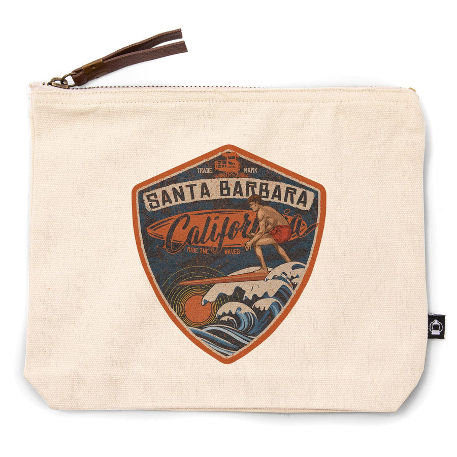 Santa Barbara, California, Surfer Scene,, Organic Cotton Zipper Pouch, Go Bag Go Bag Lantern Press 