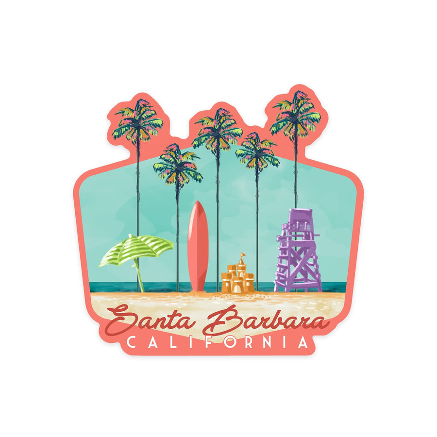Santa Barbara, California, Tall Palms Beach Scene, Contour, Lantern Press Artwork, Vinyl Sticker Sticker Lantern Press 