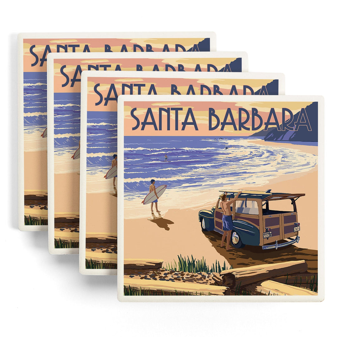 Santa Barbara, California, Woody on Beach, Lantern Press Artwork, Coaster Set Coasters Lantern Press 