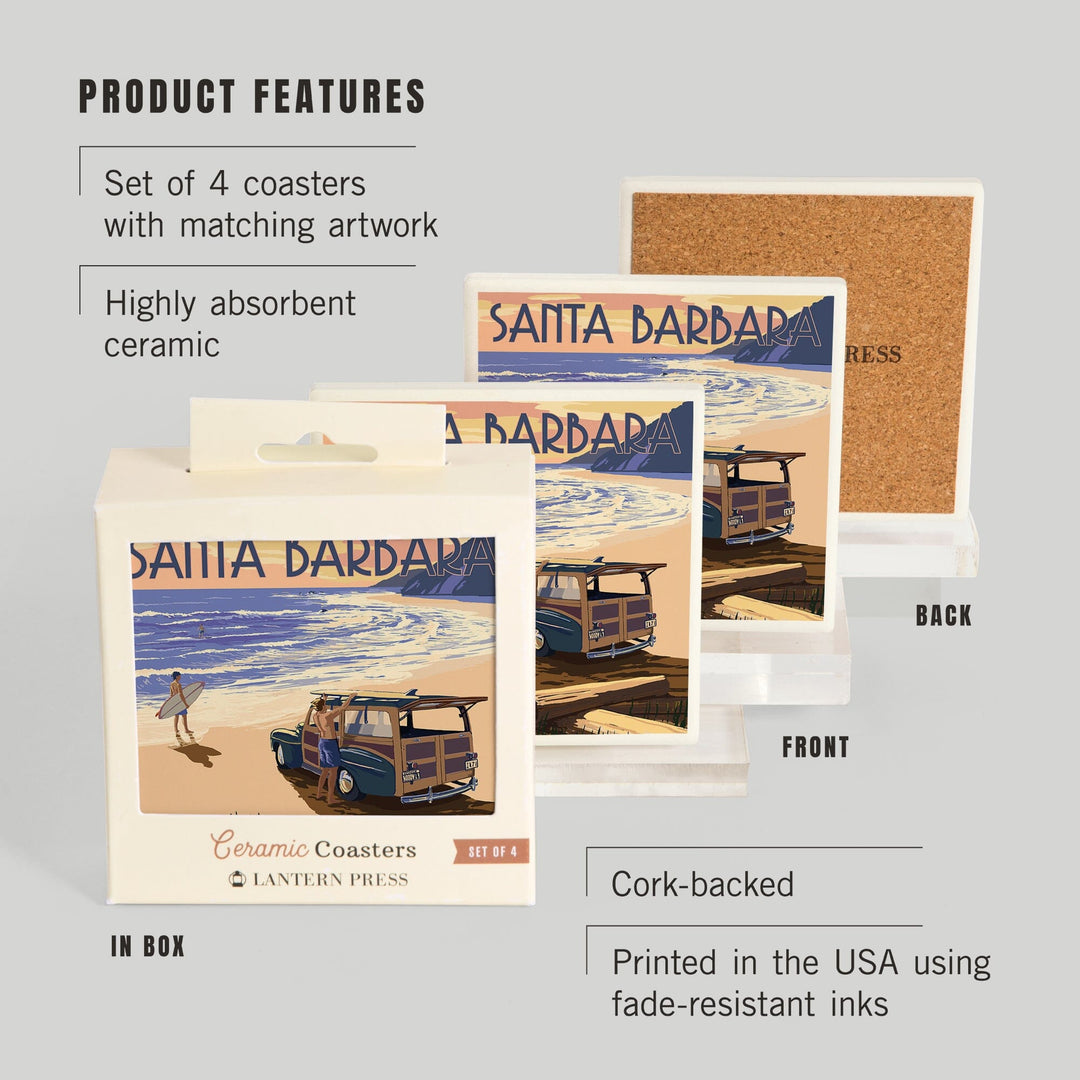 Santa Barbara, California, Woody on Beach, Lantern Press Artwork, Coaster Set Coasters Lantern Press 