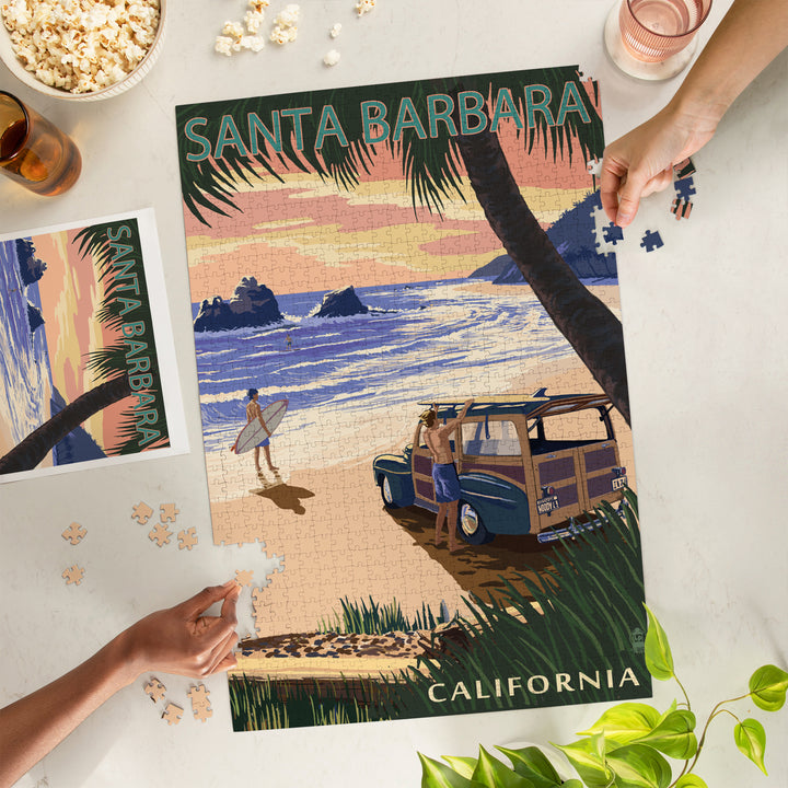 Santa Barbara, California, Woody on Beach with Palm, Jigsaw Puzzle Puzzle Lantern Press 