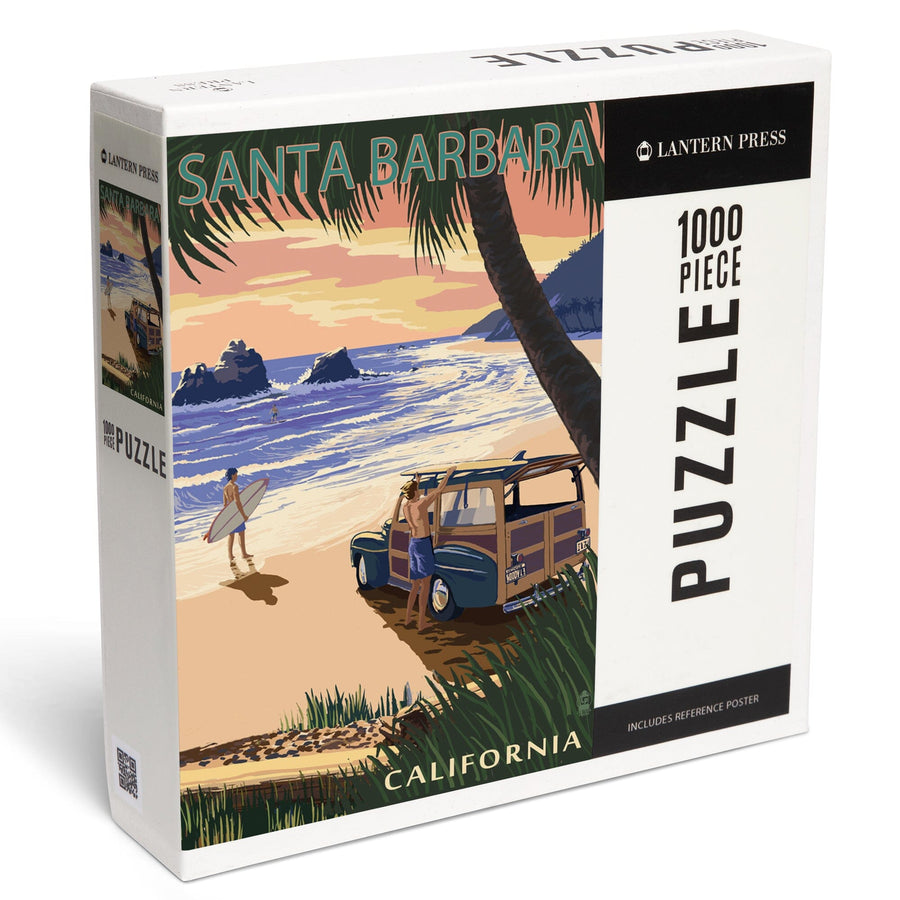 Santa Barbara, California, Woody on Beach with Palm, Jigsaw Puzzle Puzzle Lantern Press 