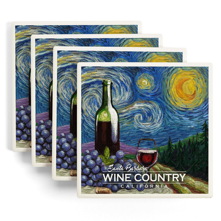 Santa Barbara Wine Country, California, Vineyard, Starry Night, Lantern Press Artwork, Coaster Set Coasters Lantern Press 