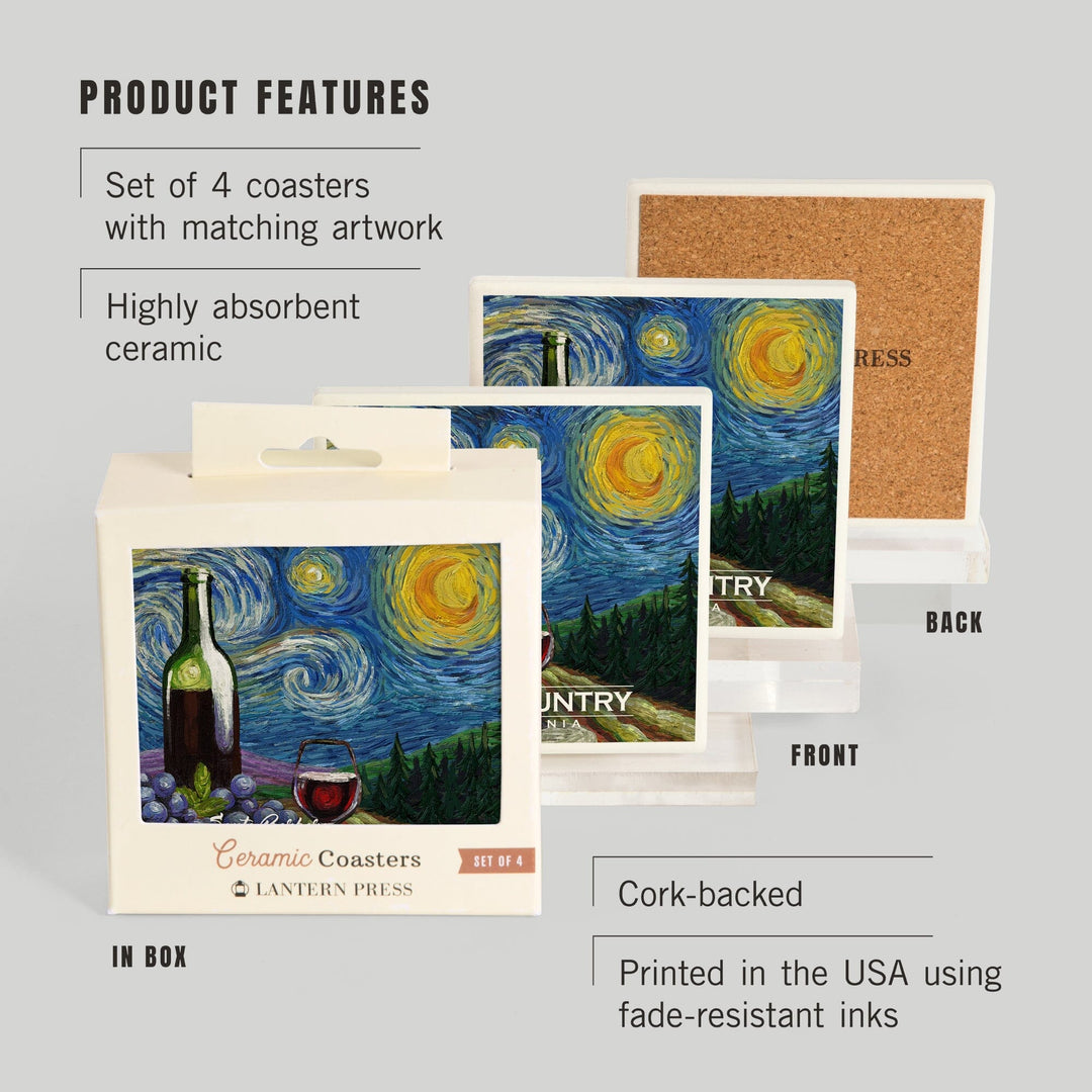 Santa Barbara Wine Country, California, Vineyard, Starry Night, Lantern Press Artwork, Coaster Set Coasters Lantern Press 