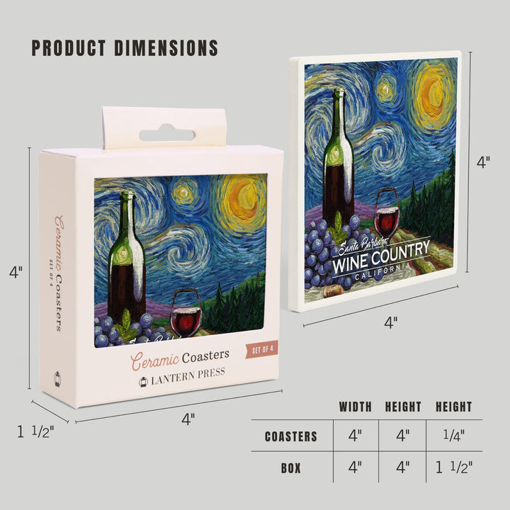 Santa Barbara Wine Country, California, Vineyard, Starry Night, Lantern Press Artwork, Coaster Set Coasters Lantern Press 