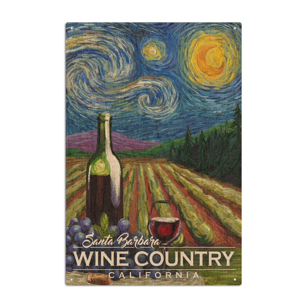 Santa Barbara Wine Country, California, Vineyard, Starry Night, Lantern Press Artwork, Wood Signs and Postcards Wood Lantern Press 10 x 15 Wood Sign 