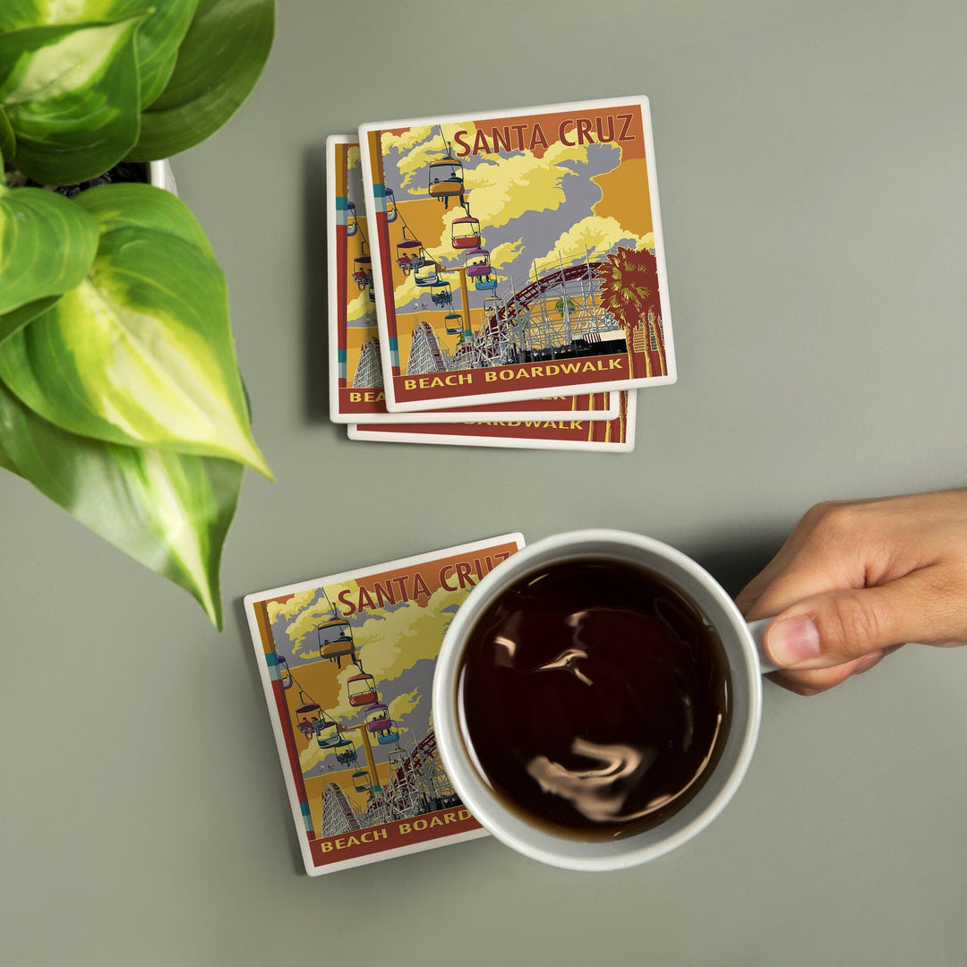 Santa Cruz, California, Beach Boardwalk, Lantern Press Artwork, Coaster Set Coasters Lantern Press 