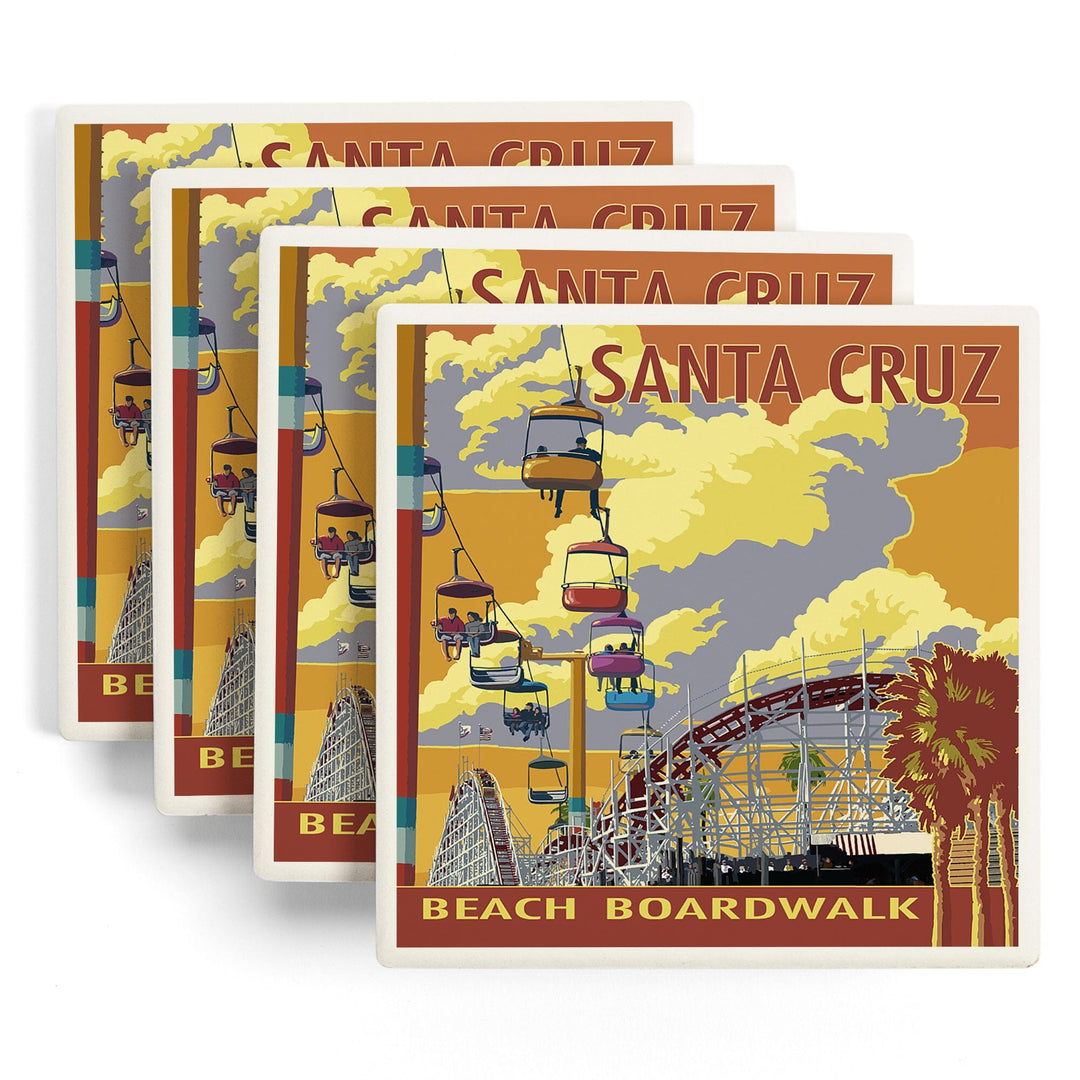 Santa Cruz, California, Beach Boardwalk, Lantern Press Artwork, Coaster Set Coasters Lantern Press 