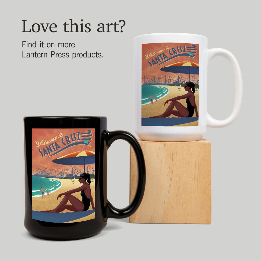Santa Cruz, California, Beach Scene, Lithograph, Ceramic Mug Mugs Lantern Press 