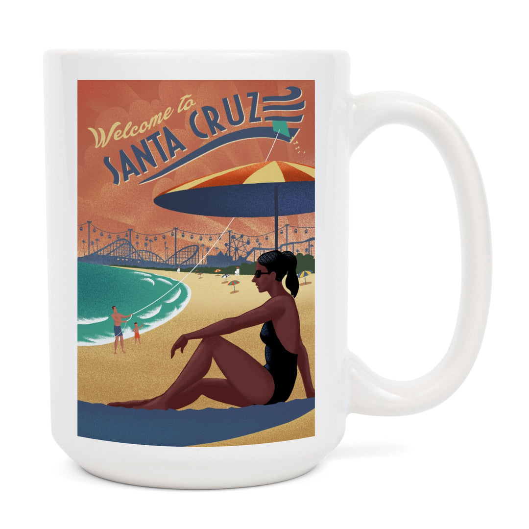 Santa Cruz, California, Beach Scene, Lithograph, Ceramic Mug Mugs Lantern Press 