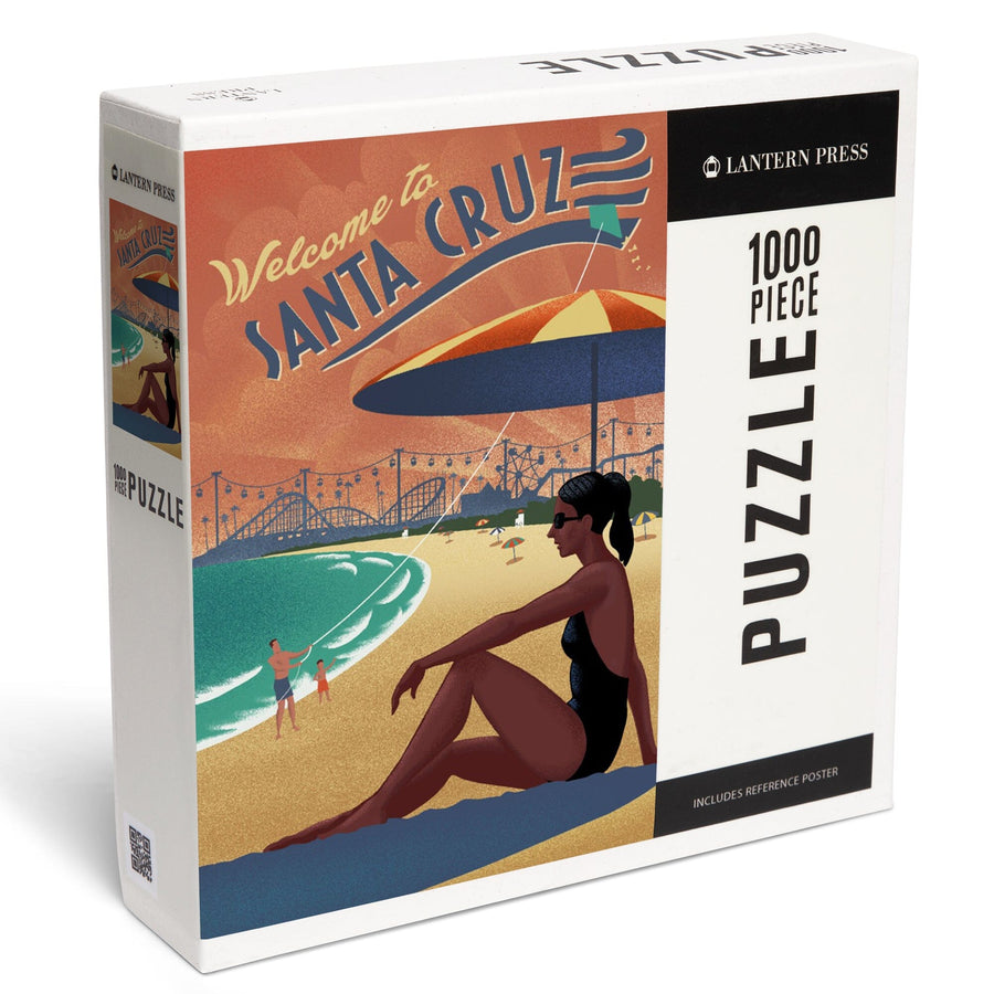 Santa Cruz, California, Beach Scene, Lithograph, Jigsaw Puzzle Puzzle Lantern Press 